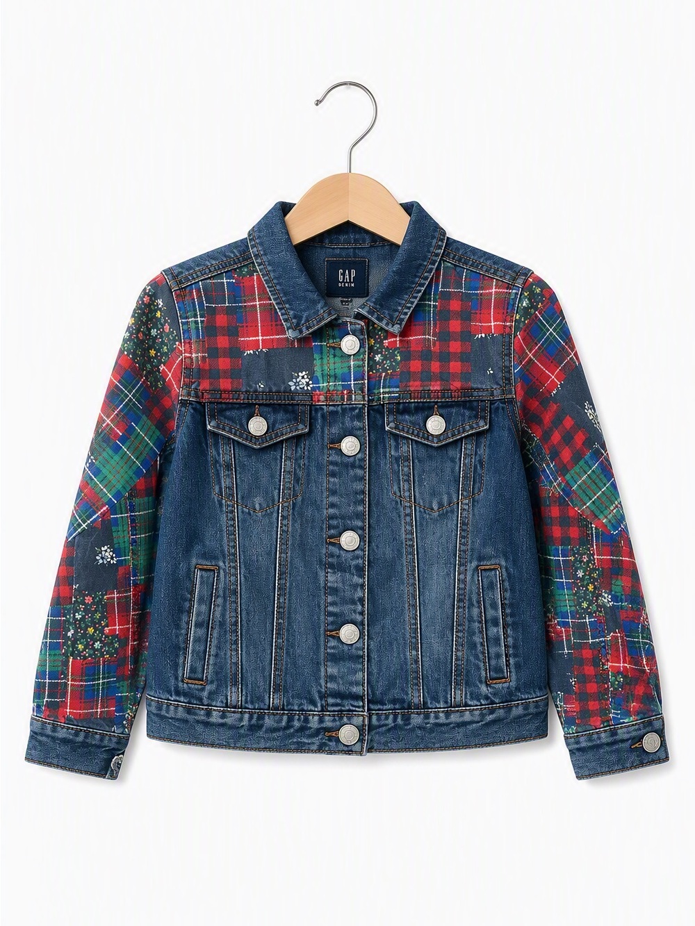 Gap Kids Girls Plaid Patchwork Denim Icon Jean Jacket Festive Holiday